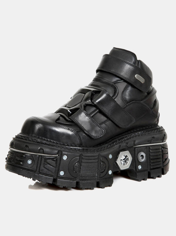 Dark punk style platform leather metal high top shoes [with plain chain nut].