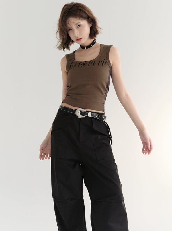 レタープリントコントラストノースリーブトップス