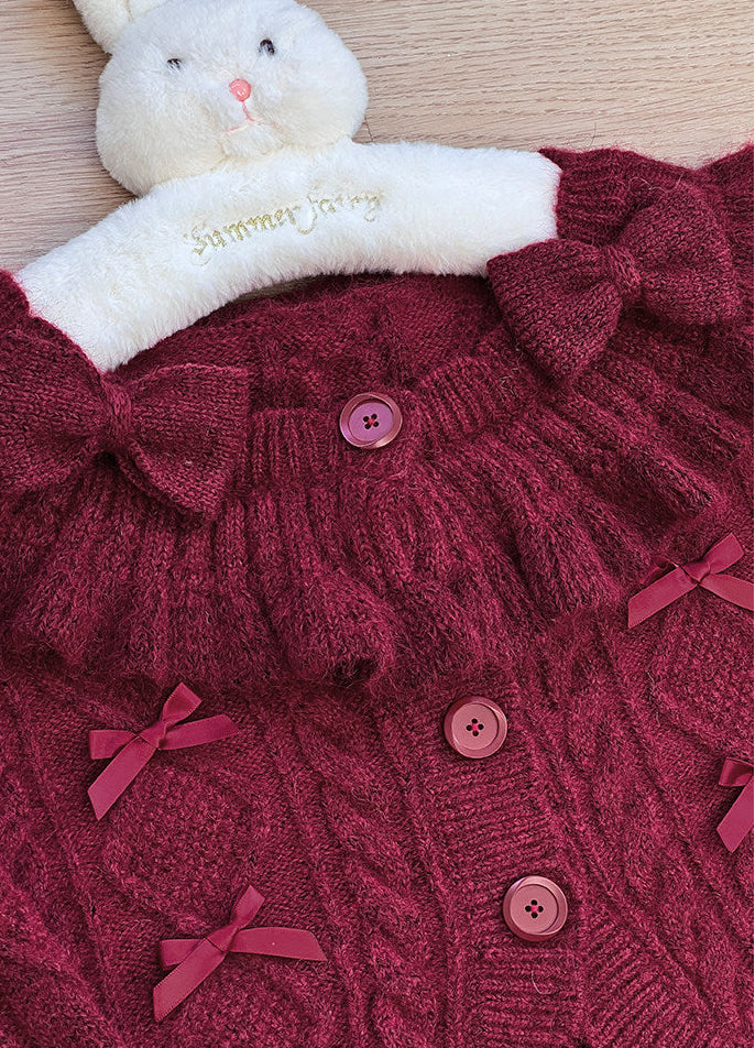 Ruffle Ribbon Lantern Sleeve Knit Cardigan