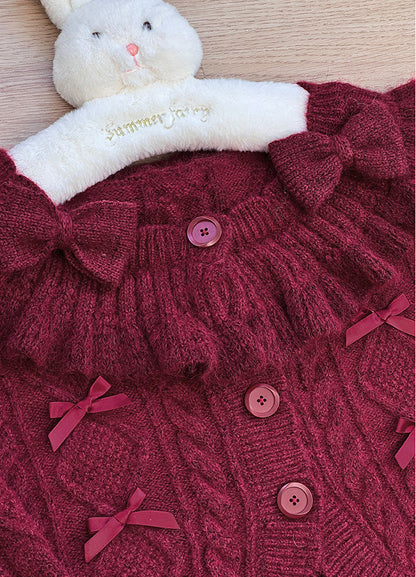 Ruffle Ribbon Lantern Sleeve Knit Cardigan