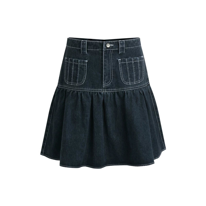 Pleated Denim A-Line Skirt