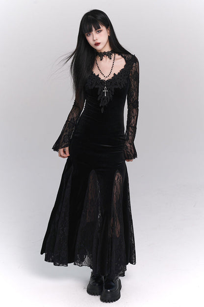 Open Neck Collar Sheer Long Dress