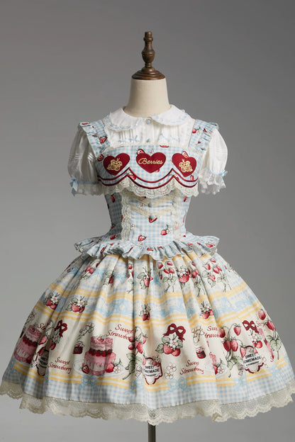 [Vorbestellung bis 14. März] Castle-Strawberry-Süß-Lolita-Hosenträgerrock + Oberteil + Unterhemd + Stirnband + Band