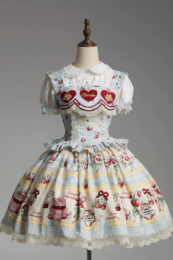 [Vorbestellung bis 14. März] Castle-Strawberry-Süß-Lolita-Hosenträgerrock + Oberteil + Unterhemd + Stirnband + Band