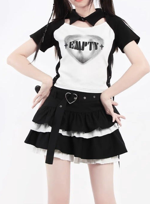 Black White Heart Print Split Polo Collar Top T-Shirt