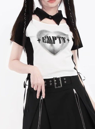 Black White Heart Print Split Polo Collar Top T-Shirt