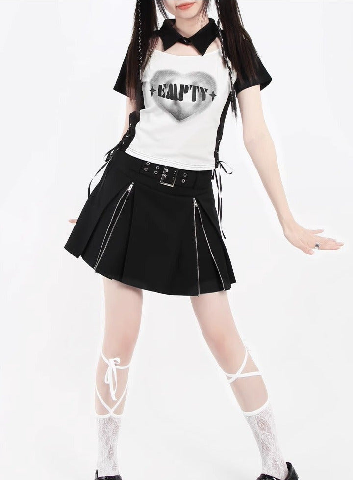 Black White Heart Print Split Polo Collar Top T-Shirt