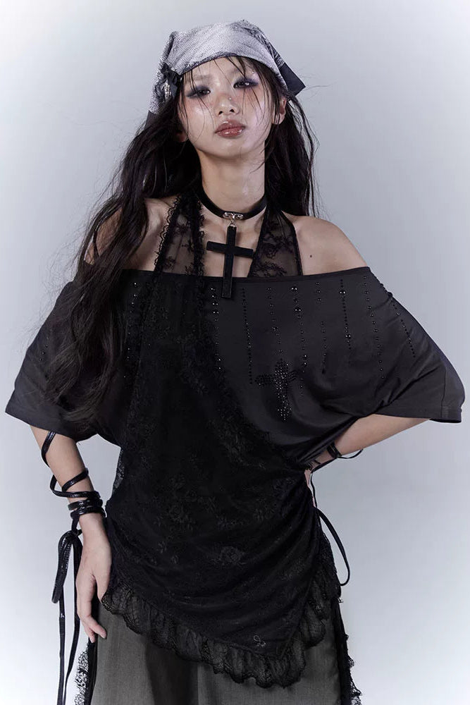 シアーオフショルレースハルタートップス