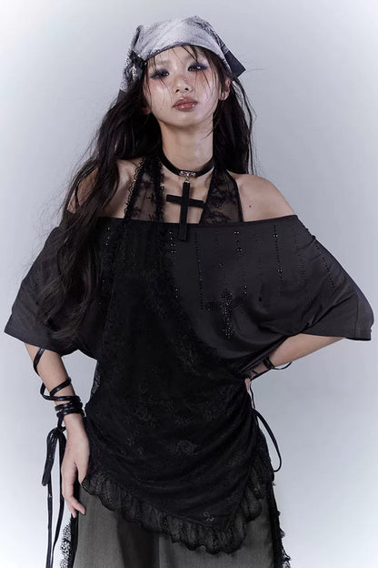 シアーオフショルレースハルタートップス