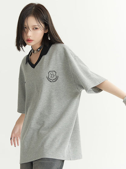 Retro V-Neck Polo Collar Loose Top