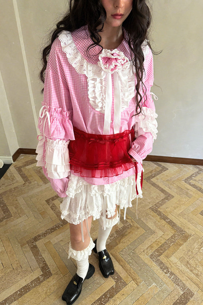 Camisa de patchwork con cuadrícula rosa muñeca
