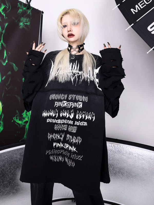 Thorn Letter Print Gradient Hole Sleeve Loose Sweatshirt