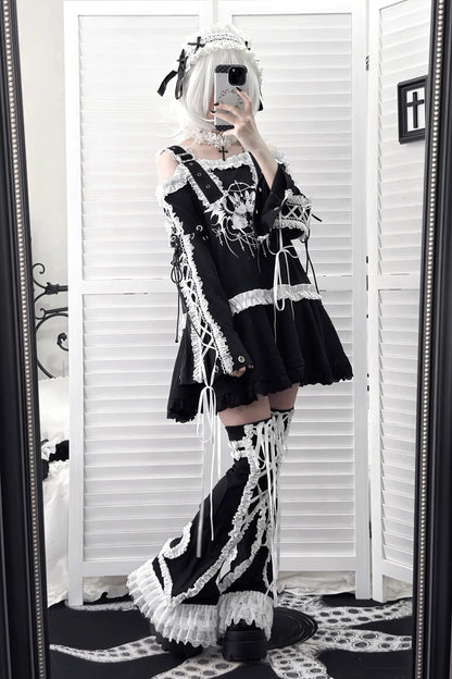 【9月15日予約締切】Dark Punk Gothic Rabbit Print Off Shoulder Long Sleeve Frill Lace Dress