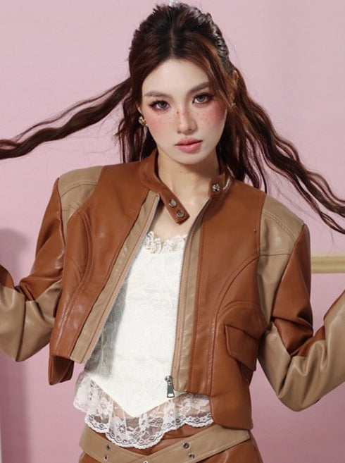 American Retro Splicing Leather Jacket + Cross Belt Leather Skirt