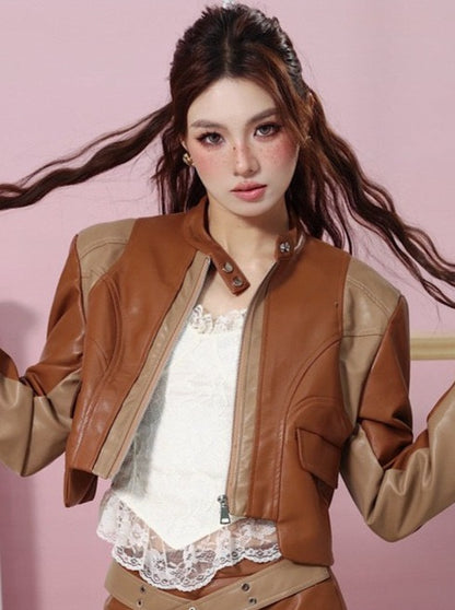 American Retro Splicing Leather Jacket + Cross Belt Leather Skirt