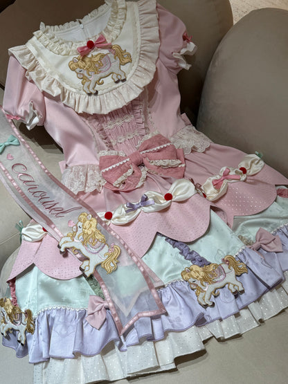 【8月20日予約締切】ピンク×パステルスイートロリータエンブロイダリーフリルリボンティアードドレス