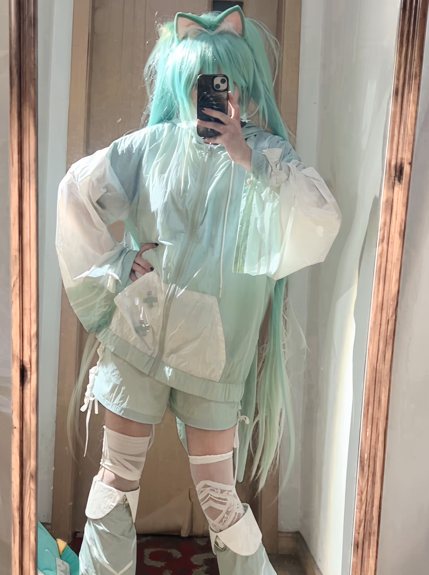 [Angel Neighborhood👼Aqua Angel Subculture Hooded Parka + Ribbon Shorts + Leg Warmers