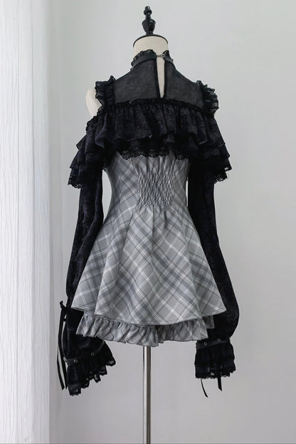 [Pre-order Deadline: October 30] Dark Gothic Black and Gray Plaid Cold-Shoulder Ribbon Lace Dress Set (Including Shorts, Bow Tie, Small Bows*1) + Chain Ribbon Accessories for Sleeves