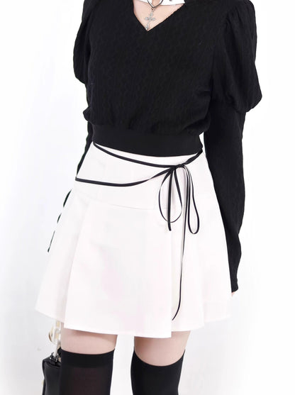 Cross Gothic Black Knitted Top Skirt + Black White Off Shoulder Dress Set Up