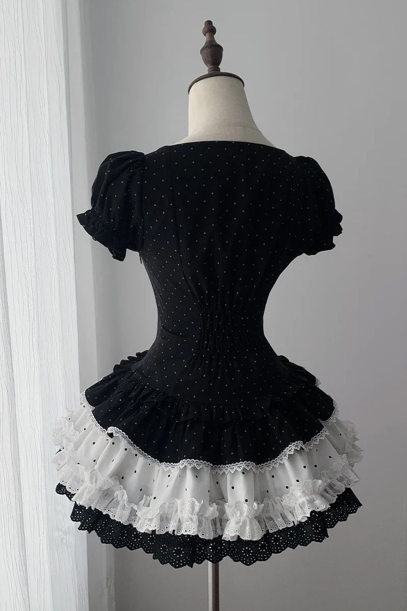 [Pre-order Deadline: June 29] Vintage Black x White Polka Dot Puff Sleeve Tiered Dress