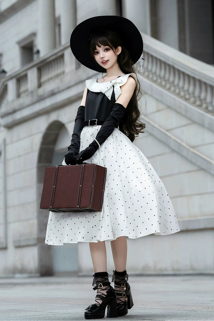 [Reservierungsfrist: 17. August] Elegantes klassisches Lolita-Kleid mit Polka Dots und Schleife (mit Schnallengürtel & Schleifenbrosche)