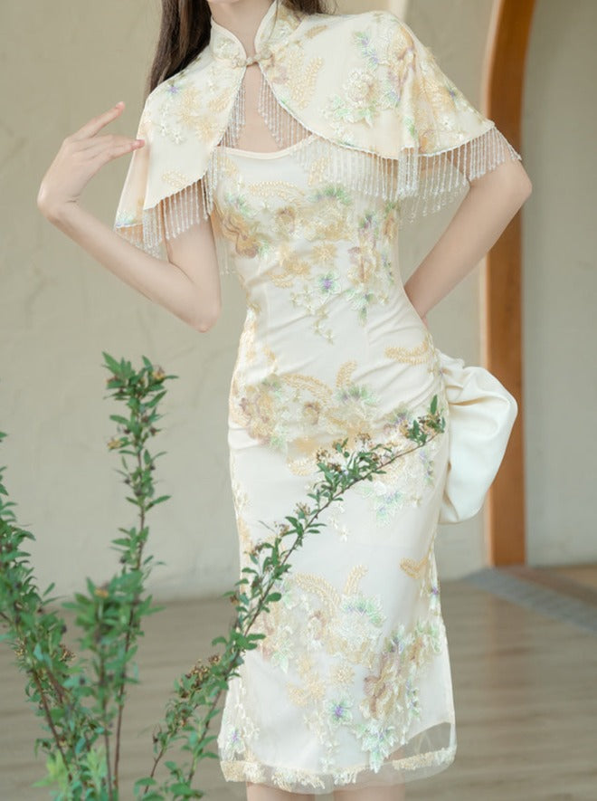 Retro Elegant Dress + Flower Shawl