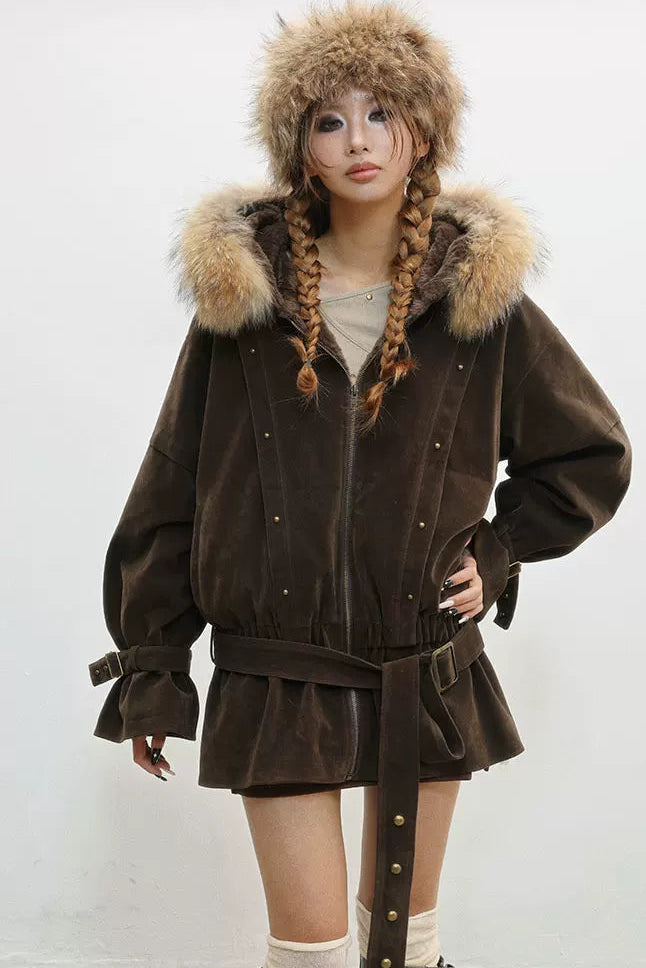 フレンチレトロベルベットファーフードジャケット