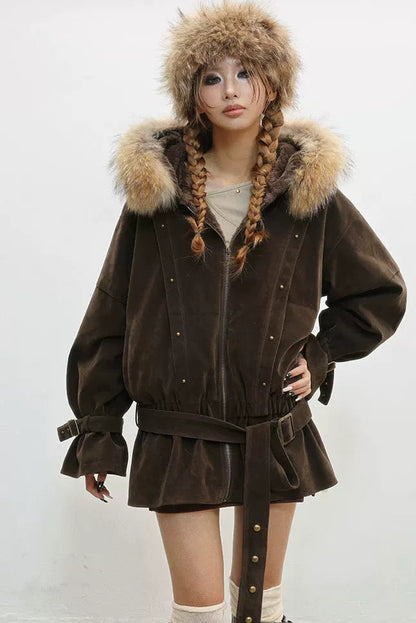 フレンチレトロベルベットファーフードジャケット