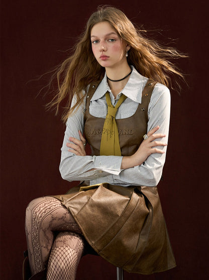 Leather Printed Letter Suspender Skirt