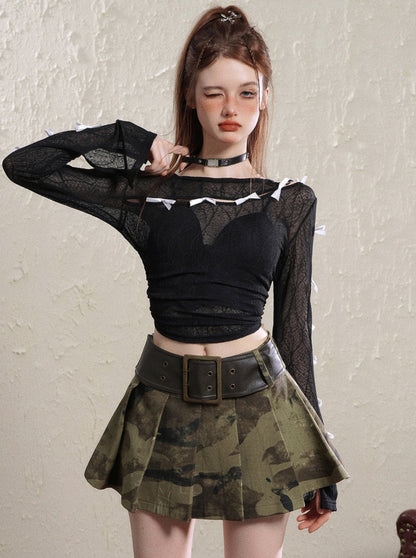 Mesh low-cut ribbon sheer top