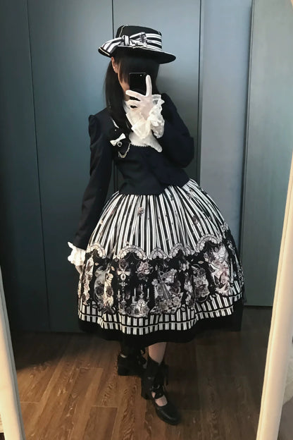 【10月3日予約締切】Black/White Elegant Gothic Series Accessories(Black Butterfly Print Striped Ribbon Hat, Black Rose Ribbon Brooch, Ribbon KC, Hair Clip Pair, Bonnet)