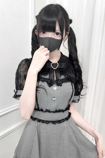 レースショールリボンシャツカラートップス＋ショートパンツ