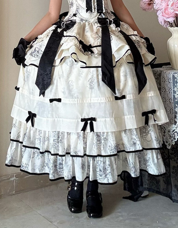 [Pre-order item] Brandy French Pearl Elegant Bustier Dress + Long Skirt + Black Jacquard Jacket + Complete Accessories