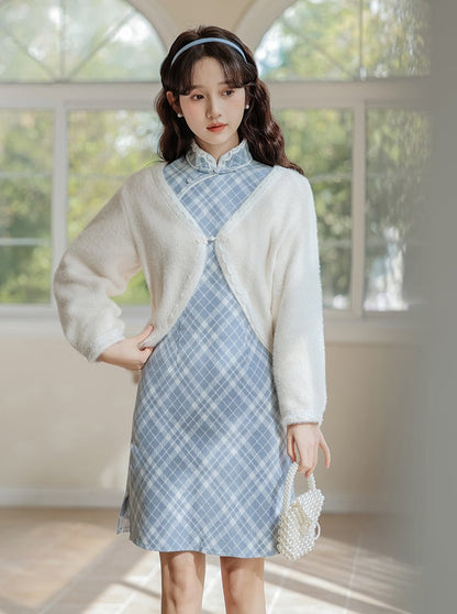 Retro China Girly Check Dress + Short Knit Cardigan