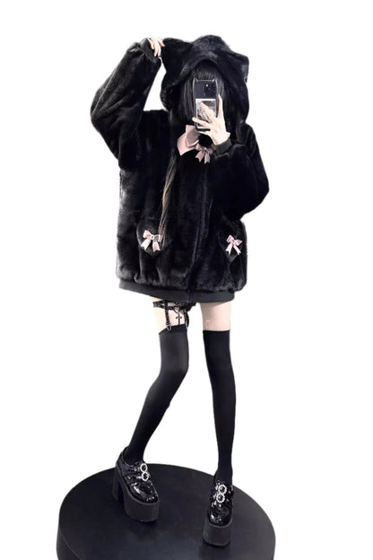 [Reserved product] Cat ear hoody suite ribon plash coat