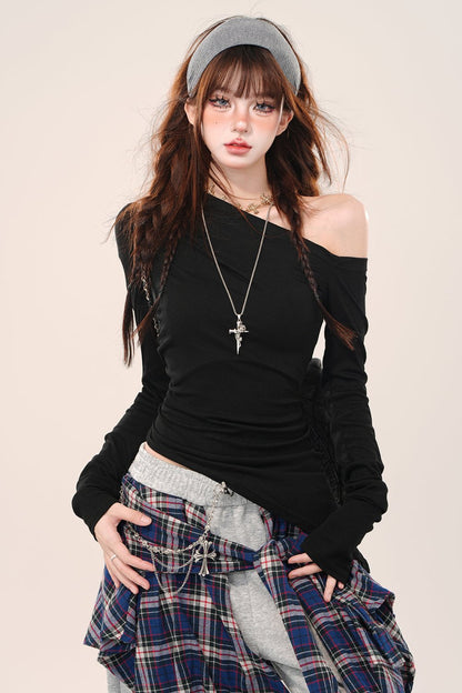 Irregular shoulder long sleeve top