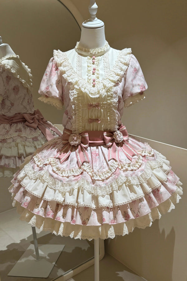 [Pre-order Deadline: September 7] Pink and Blue Romantic Rose Print Sweet Lolita Tiered OP Dress