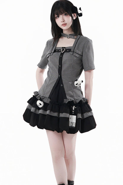 Plaid College Shirt + Shirt + Puff Skirt