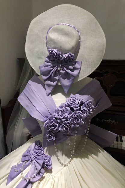 [Vorbestellfrist 28. Juni] Lila-weißes schulterfreies Princess-Lolita-Kleid mit Rosenband + Komplettset + Accessoires