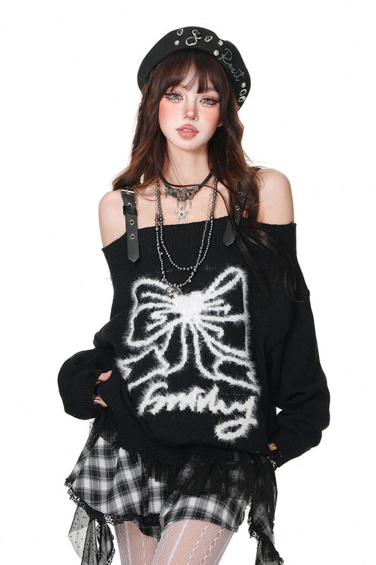 ワンショルダーリボンサスペンダーセーター