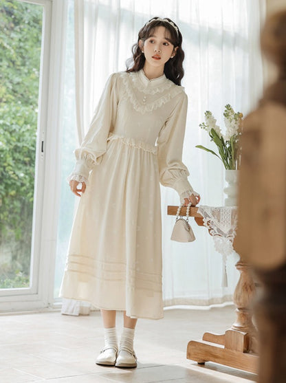 Milk Ruffle Flared Long Dress + Garden Cardigan