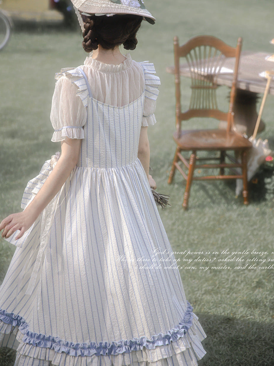 Sheer Lace Puff Sleeve Inner Shirt + Ruffled Shoulder Striped Fairy Dress + Handmade Corsage