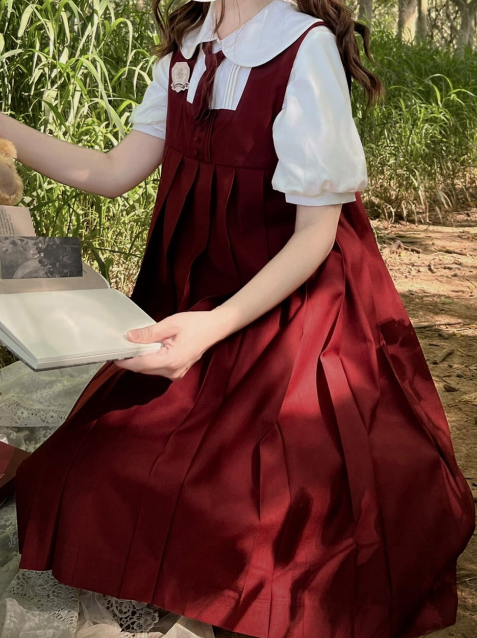 Red burgundy suspender dress + tie + emblem badge