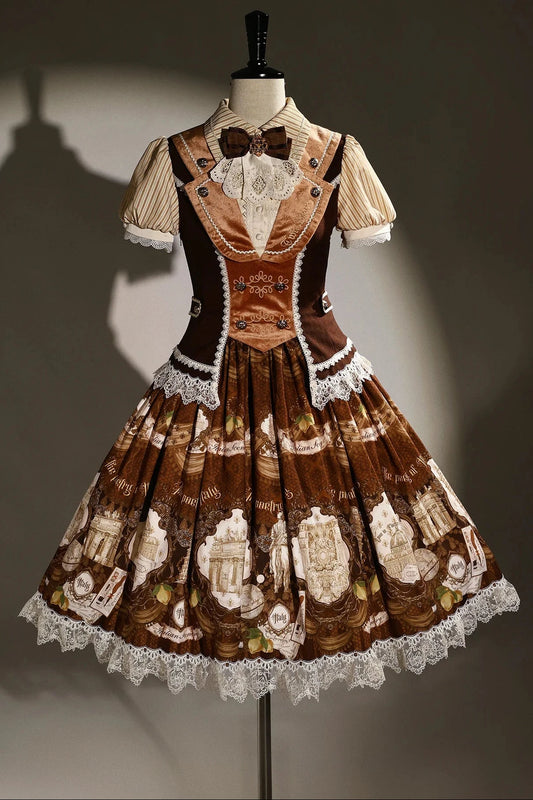 [116 reservation deadline] Marineblau/Braun klassisches italienisches Reisetagebuch Lolita-Kleid mit Streifen, Puffärmeln, Schleife, Spitze und Vintage-Print