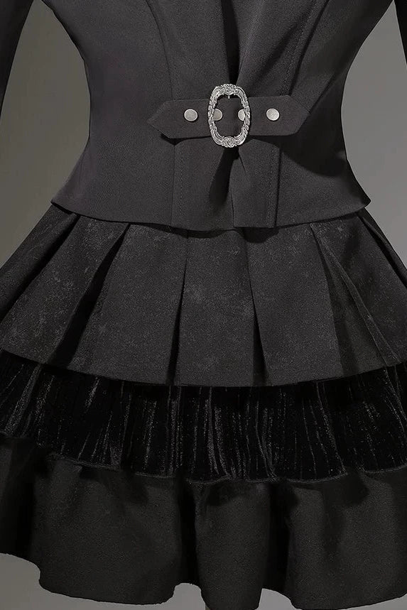 【10月7日予約締切】Black and Red Chinese Dark Gothic Lolita Wide Sleeve Asymmetrical Hem Top + Layered Ruffle Skirt + Necklace + Full Set