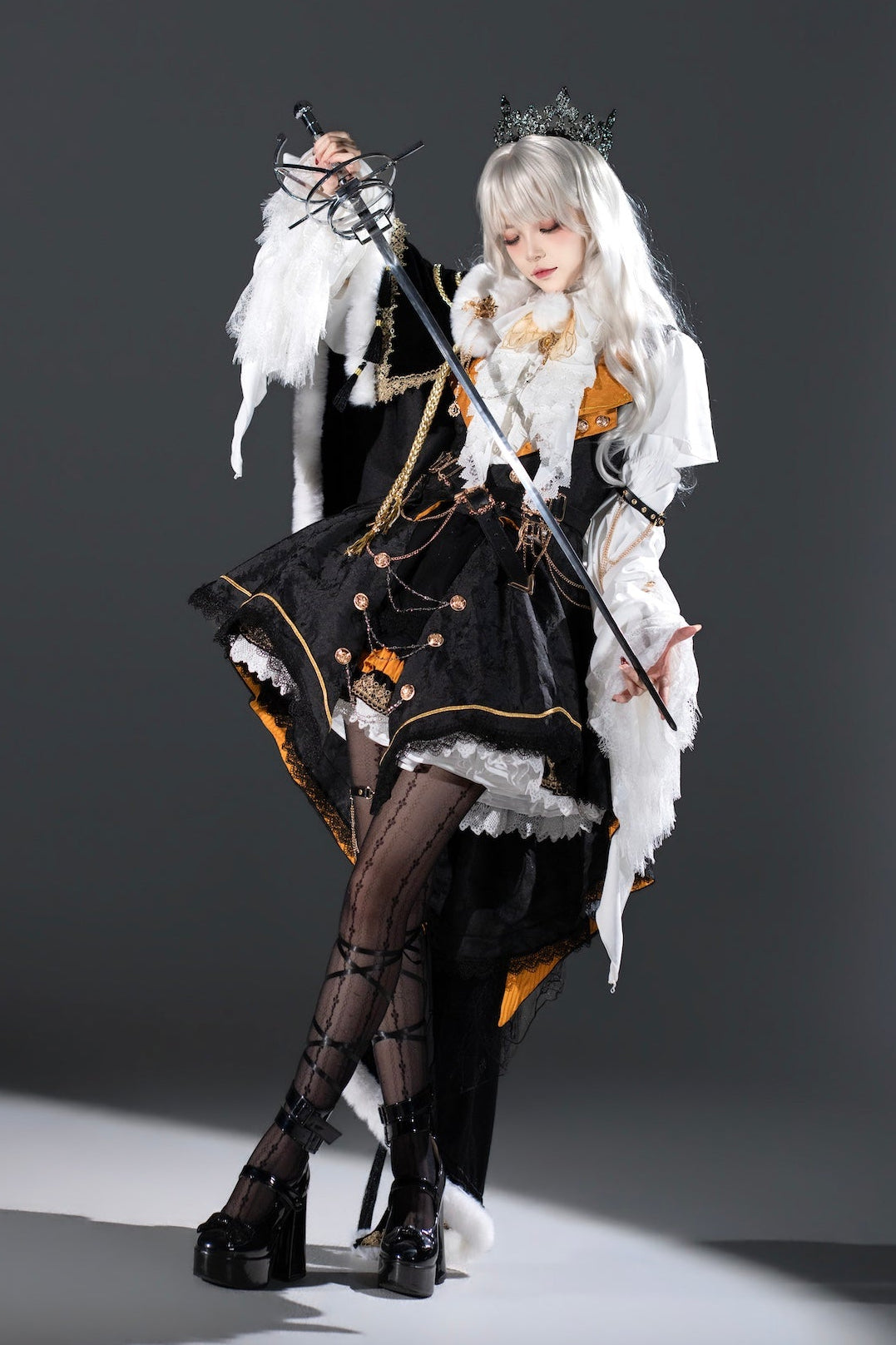 [Reservation Deadline: December 2] Royal Gothic Military Dress Coordinated Set (Shirt + Skirt + Long Vest with Train + One-Shoulder Fur Cape + Accessories)