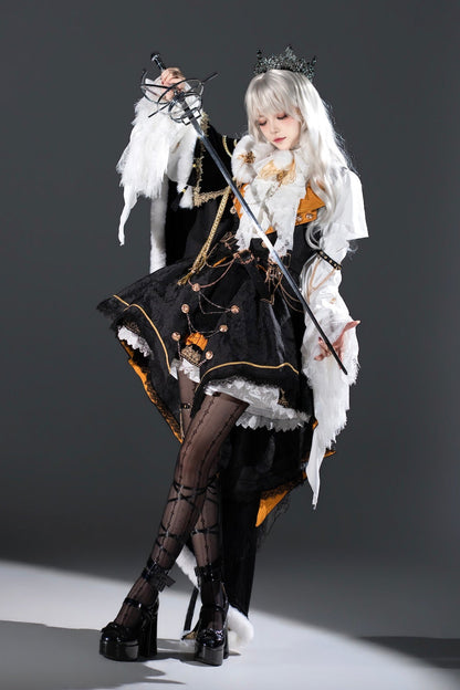[Reservation Deadline: December 2] Royal Gothic Military Dress Coordinated Set (Shirt + Skirt + Long Vest with Train + One-Shoulder Fur Cape + Accessories)