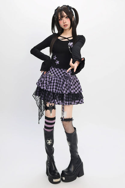 アビースリムショートトップス+チェックレーススカート