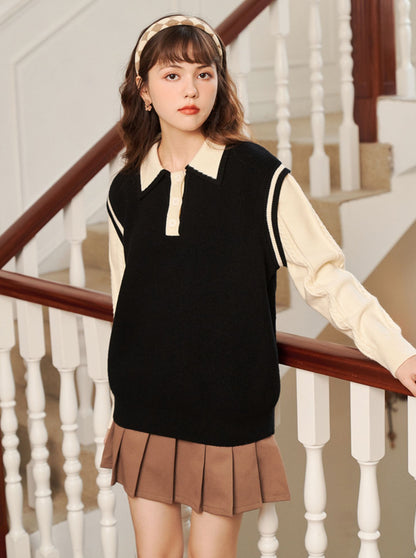 Polo collar faux two-piece knit sweater