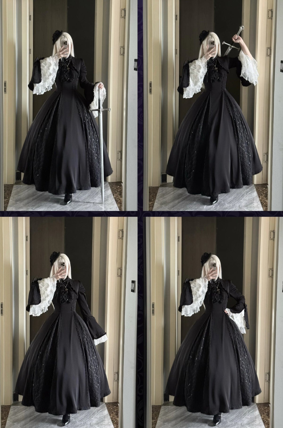 [Pre-order Deadline: November 6] Black and White Gothic Widow Lace Princess Sleeve Faux Two-Piece Long Dress